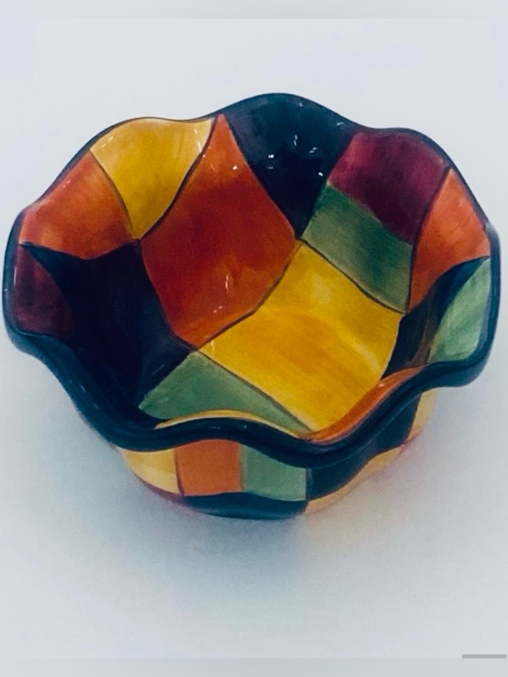 Tabletops Gallery Caracas 7" Ruffled Rim Dip Serving Bowl Hand Painted Patches